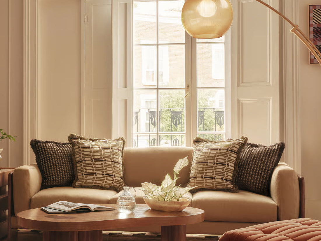 Modern living room with hardwood coffee table
