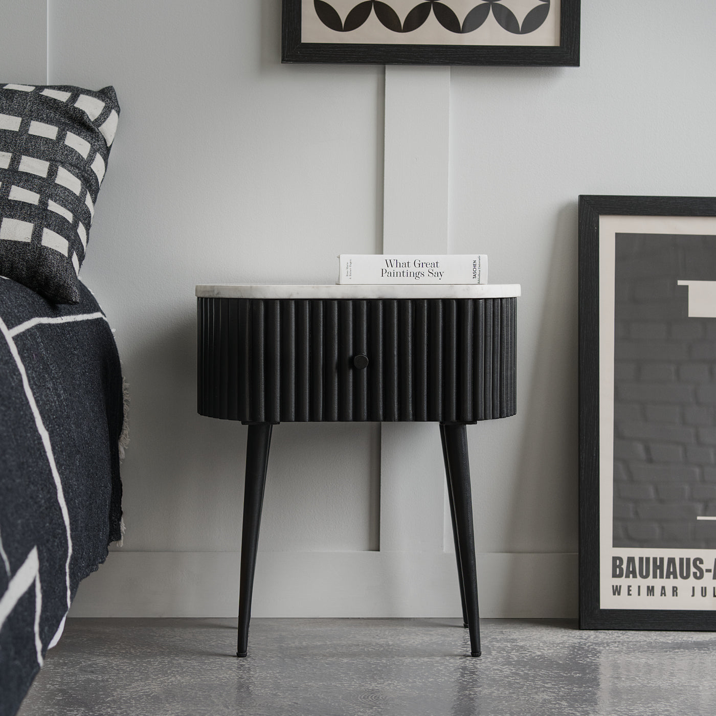 Black Ribbed Bedside Table With Marble
