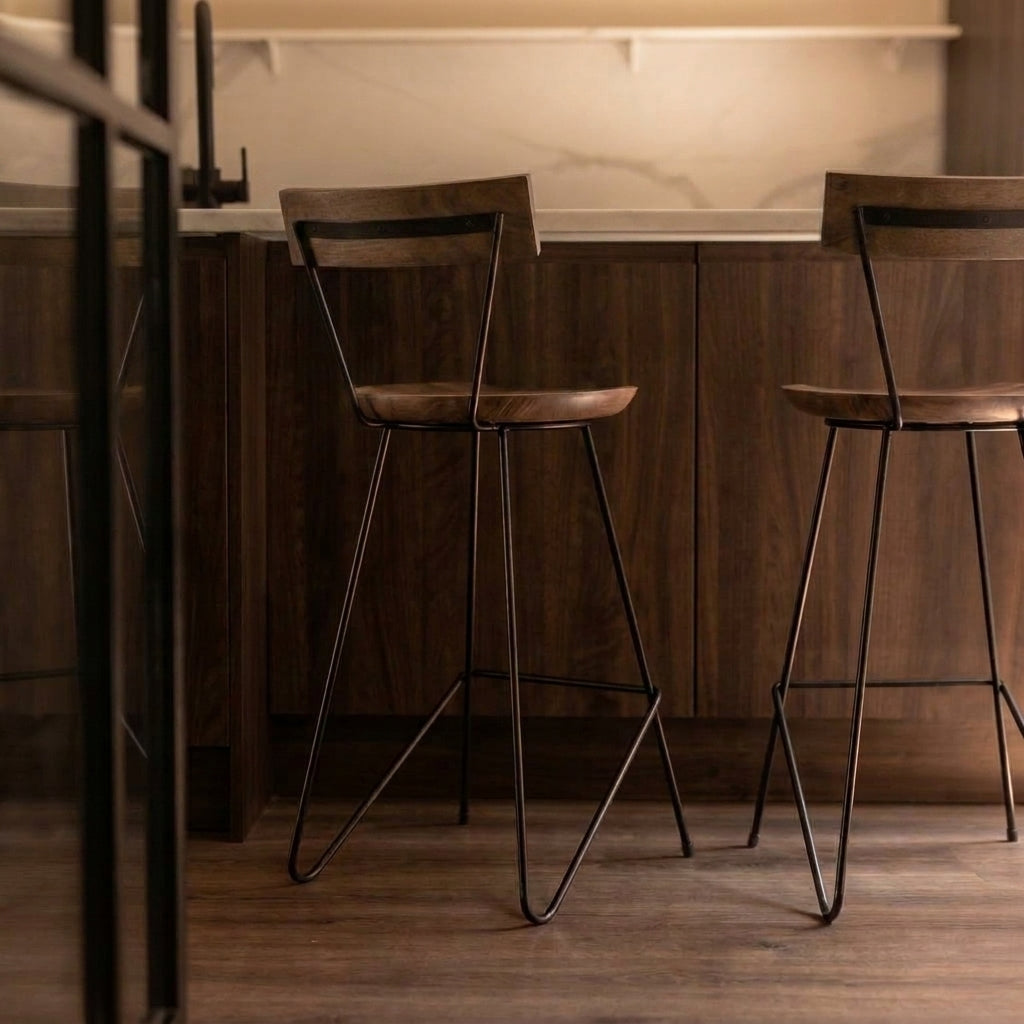 metal framed barstool with wooden seat