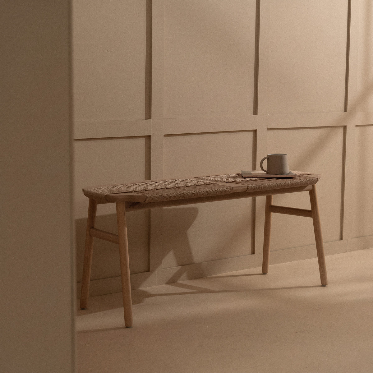 arven solid light oak woven dining bench