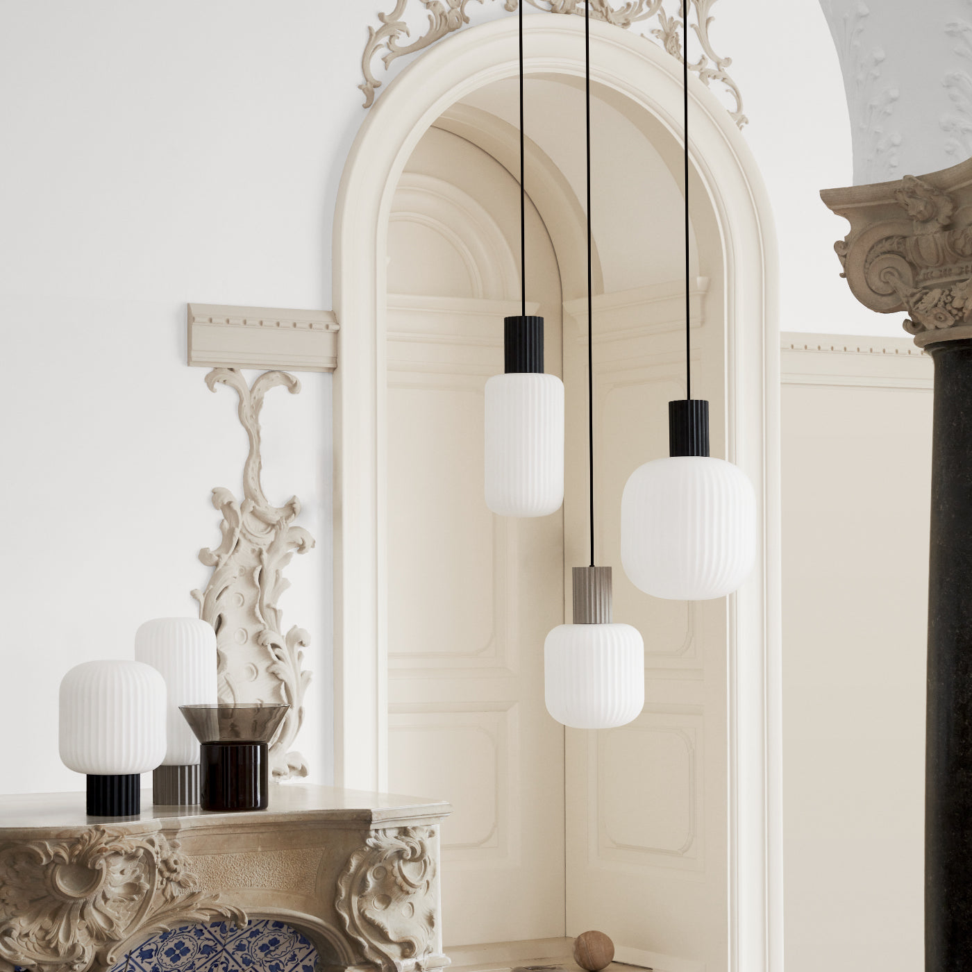 Beige pendant light, white glass