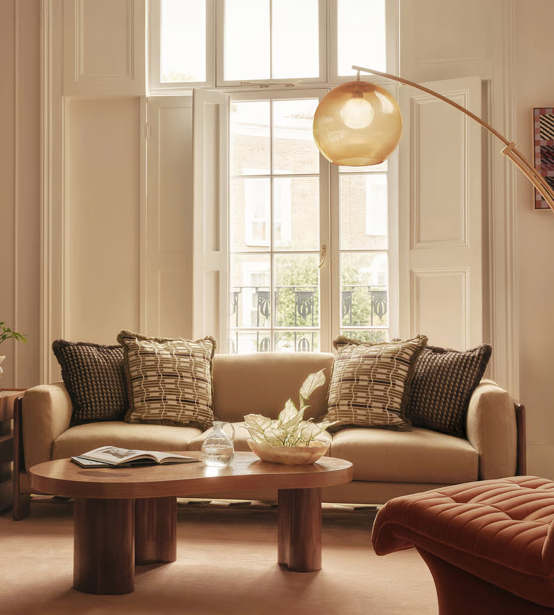 Modern living room with hardwood coffee table