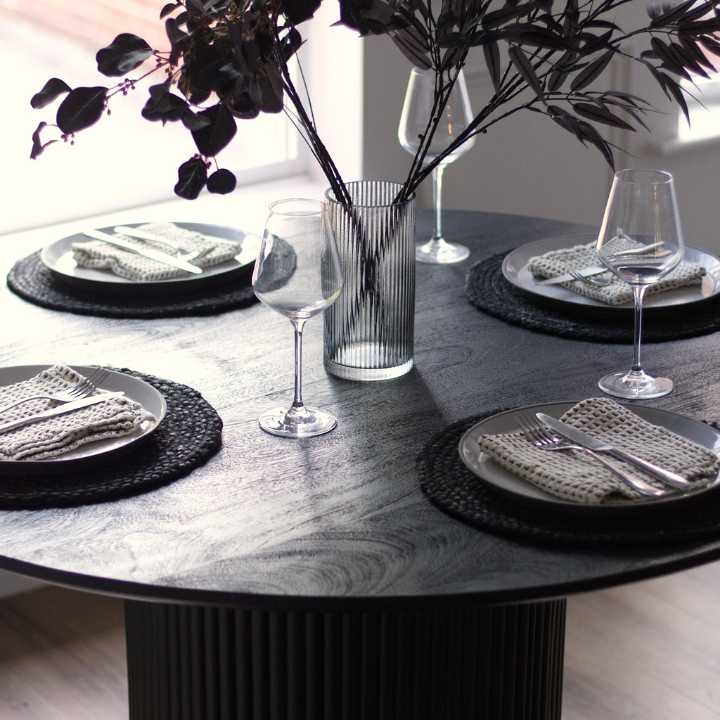 Black Table Ribbed Baldr Black Round Dining Table, Ribbed | Vaunt Design
