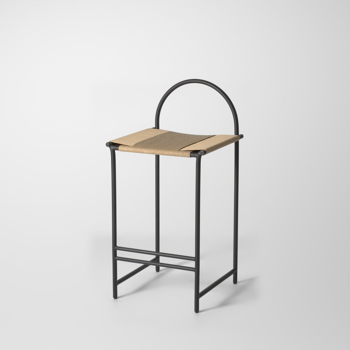 Kirei black arched back bar stool with natural Nordic rope seat