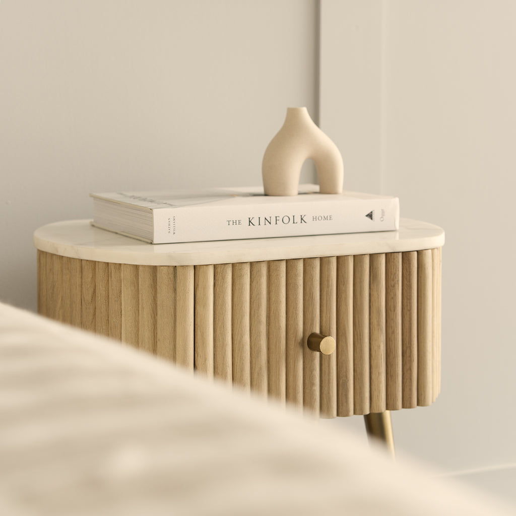 White Ribbed Rounded Bedside Table Perth Gunhild Ribbed Oak Bedside Table | Vaunt Design