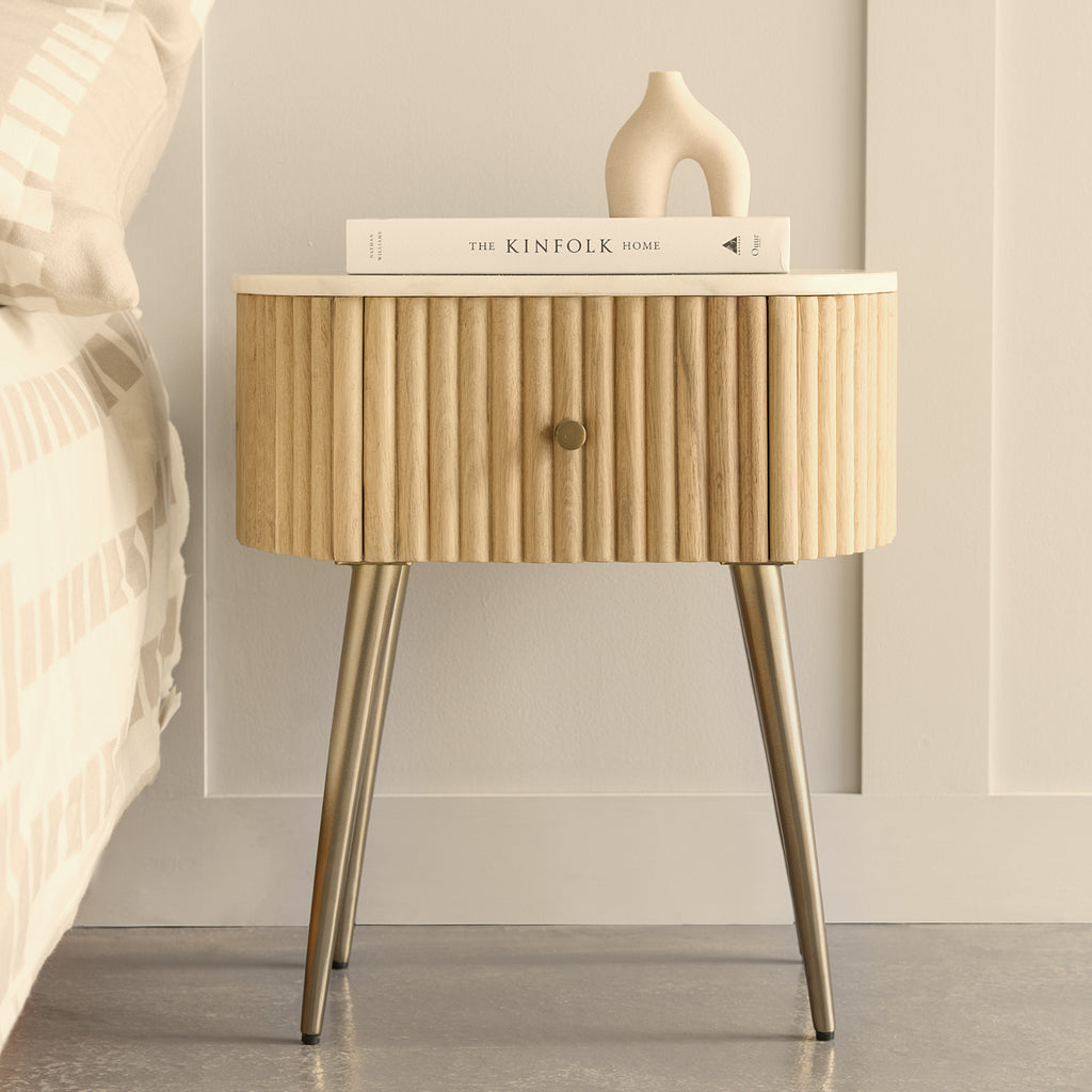 White Ribbed Rounded Bedside Table Perth Gunhild Ribbed Oak Bedside Table | Vaunt Design