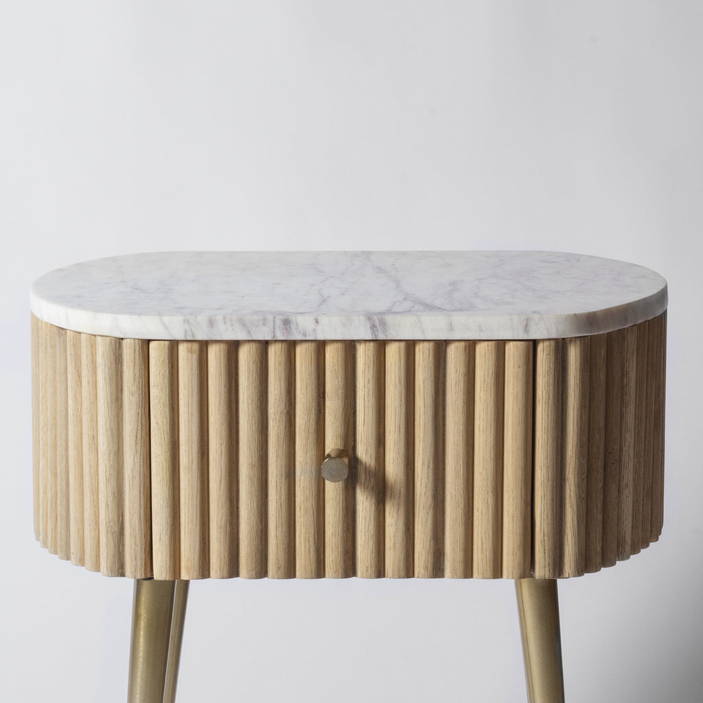 White Ribbed Rounded Bedside Table Perth Gunhild Ribbed Oak Bedside Table | Vaunt Design
