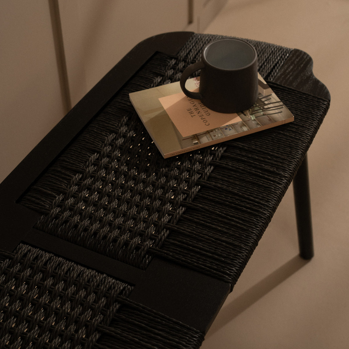 arven solid oak black woven dining bench