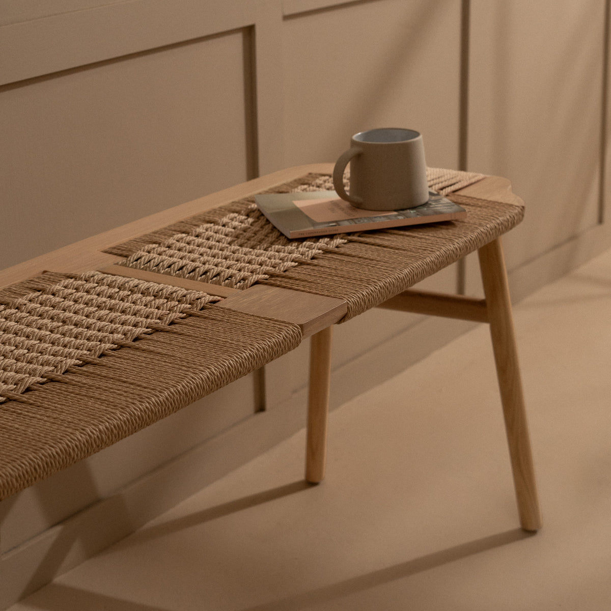 arven solid light oak woven dining bench
