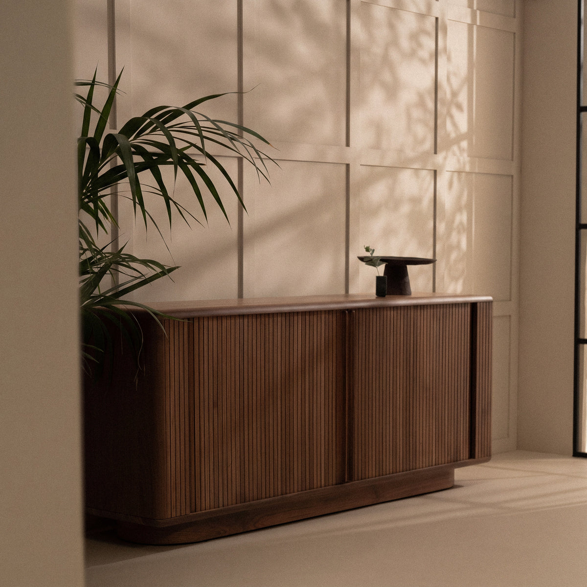 riva dark walnut wood slatted sliding door sideboard