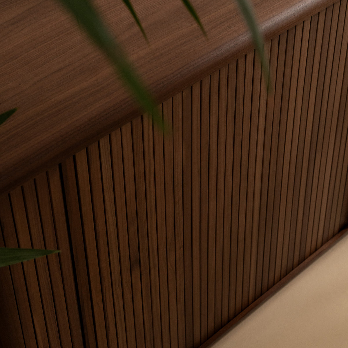 riva dark walnut wood slatted sliding door sideboard