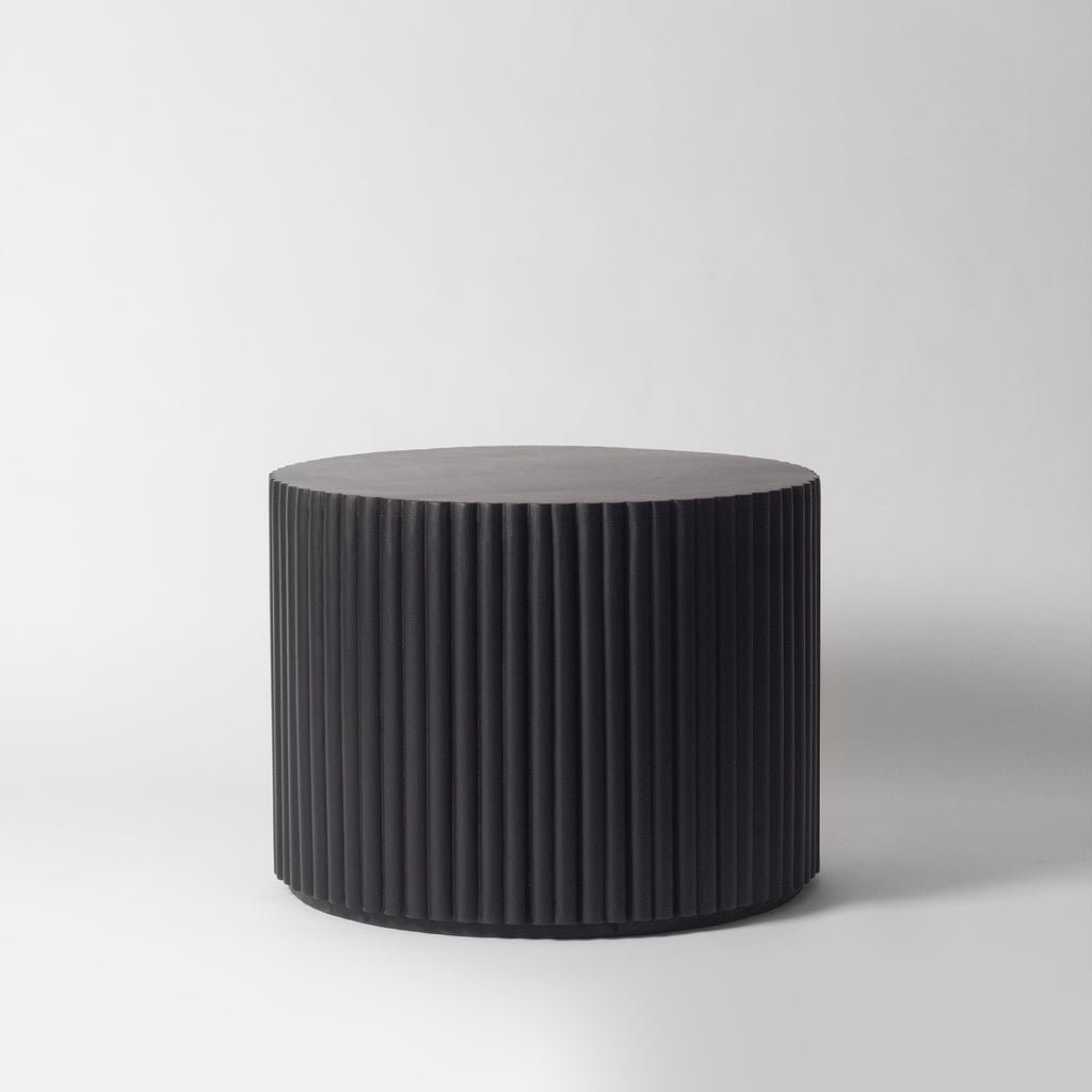 Black Round Coffee Table, Wood, Ribbed