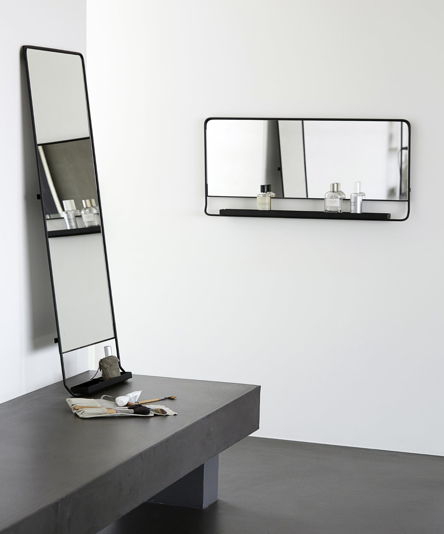 Landscape wall mirror shelf