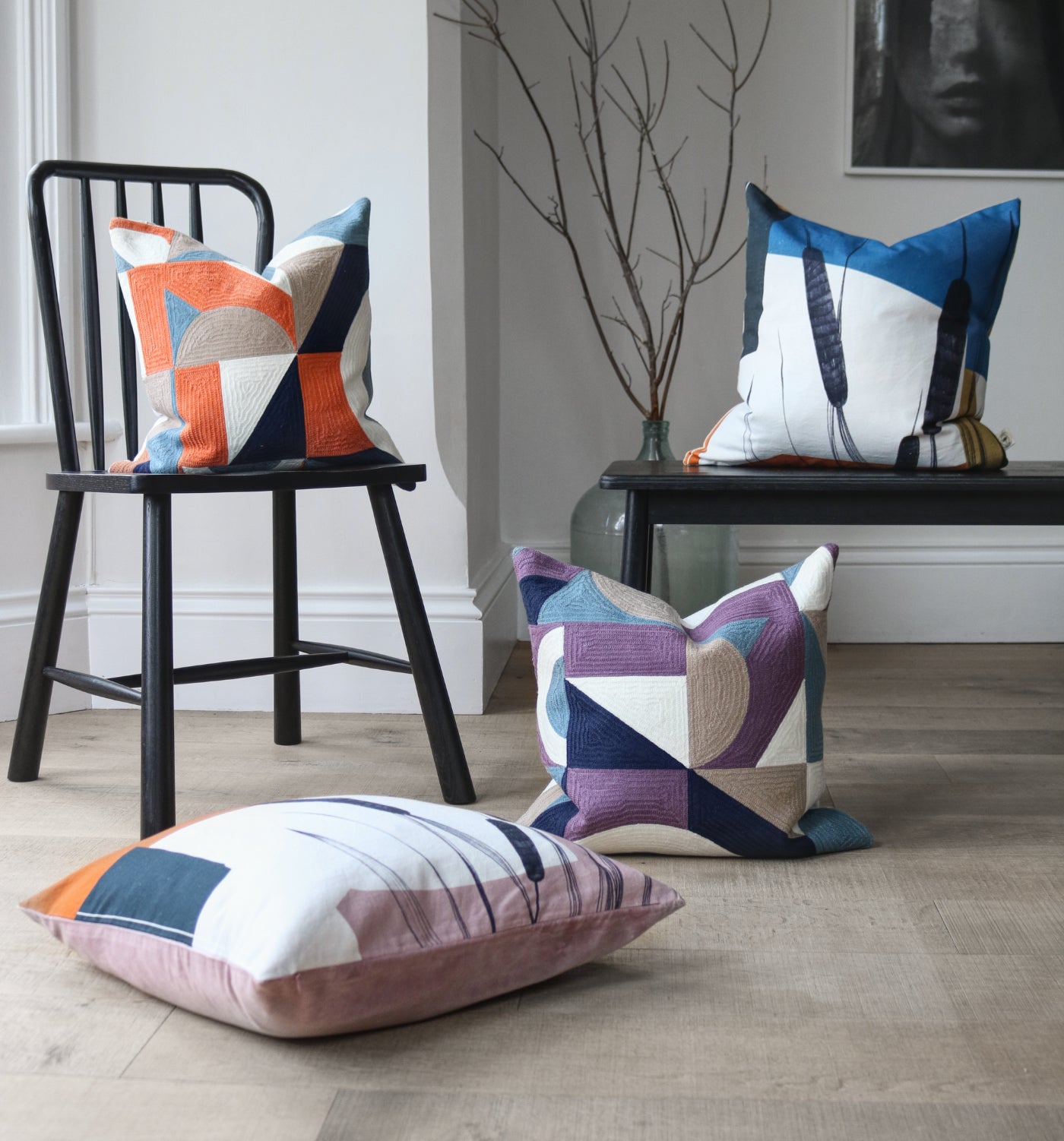 blue and white velvet cushion