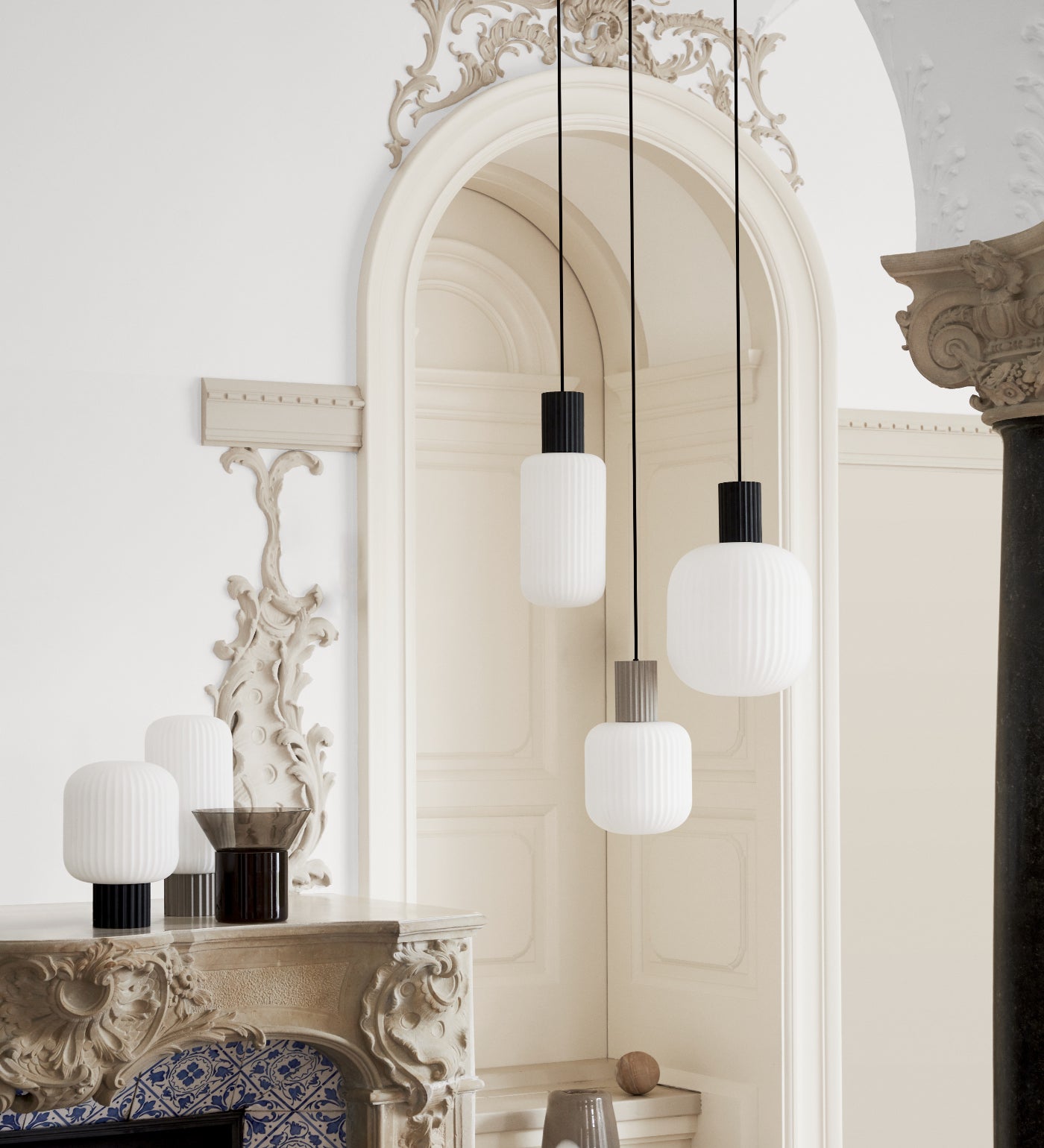 Beige pendant light, white glass